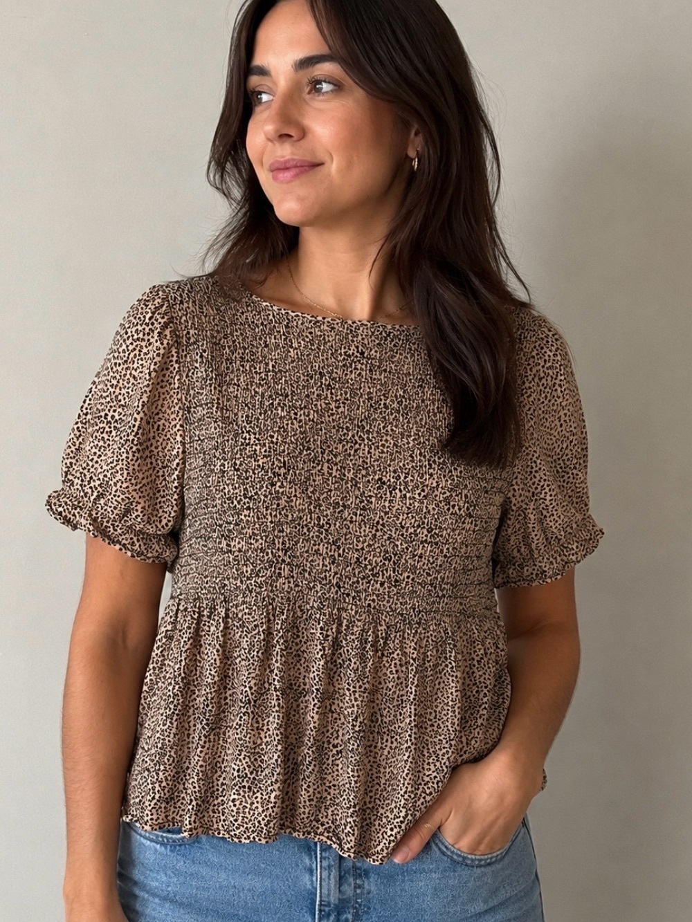 Urban Romantics Smocked Short Sleeve Peplum Top - Tan Leopard Large
